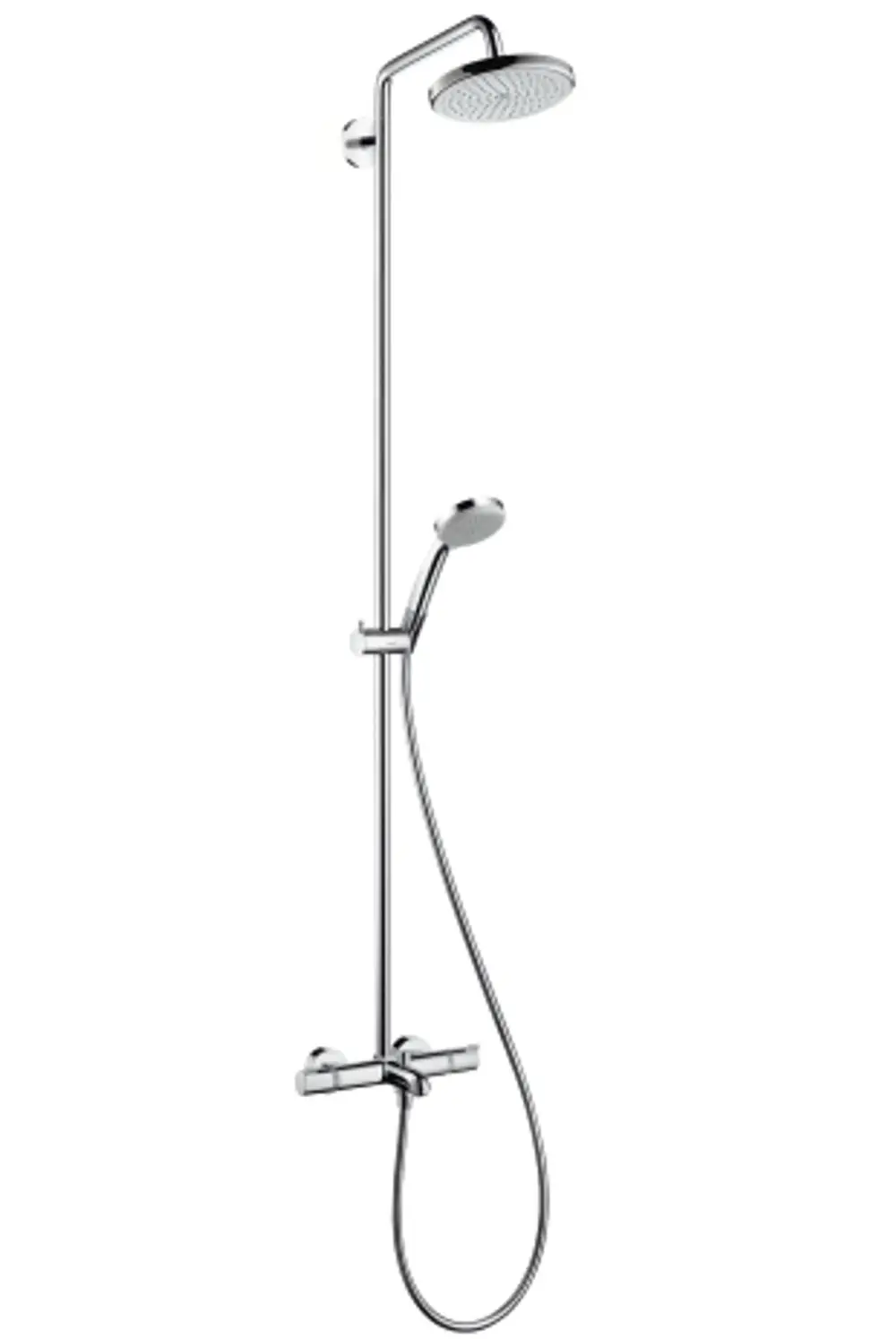 Hansgrohe Duschsystem mit einer großen Kopf- und Handbrause sowie einem Thermostat zur Temperaturregelung. Chromfarbene Oberfläche, montiert an einer vertikalen Stange.